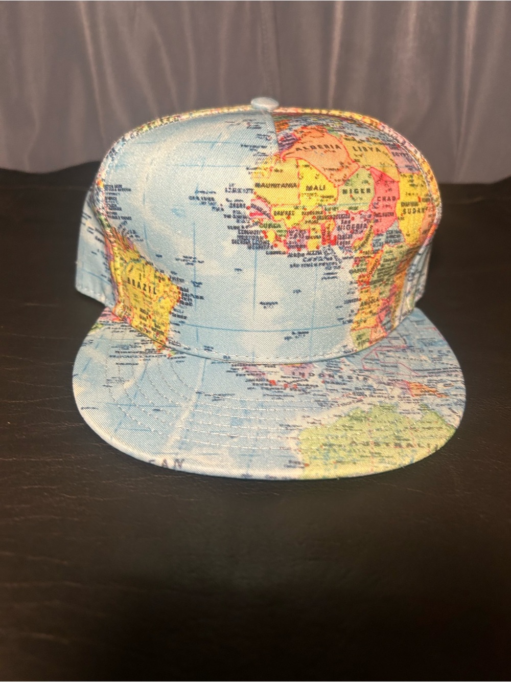 🔥3/$8- Map Print Snapback Hat - Light Blue World Map